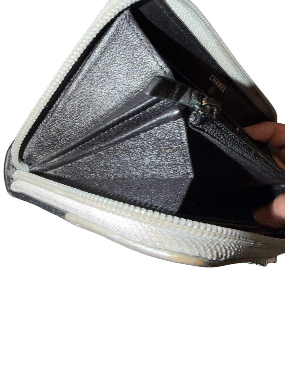 CHANEL Black/Silver Leather Compact Boy Wallet